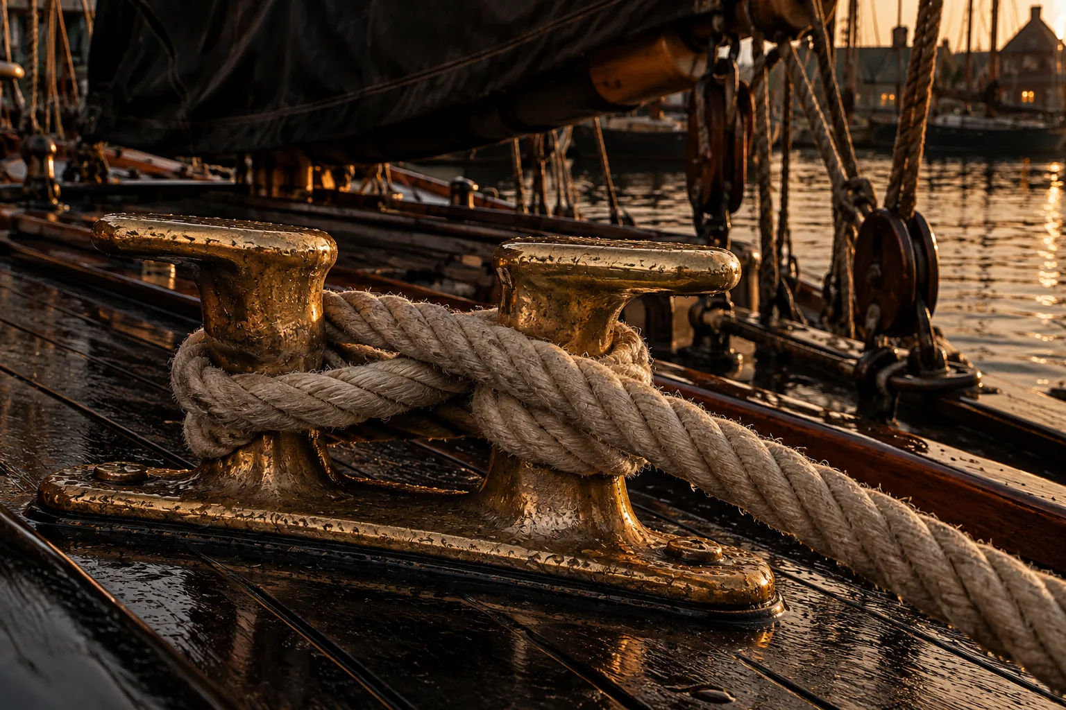 Weathered brass boat cleat holding thick mooring rope on a dark wooden deck