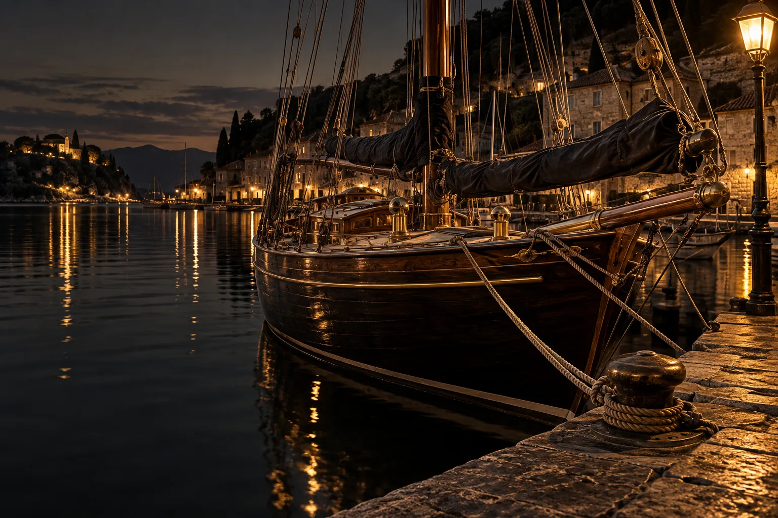 Classic dark wooden sailboat moored beside a stone quay under warm evening harbour lights