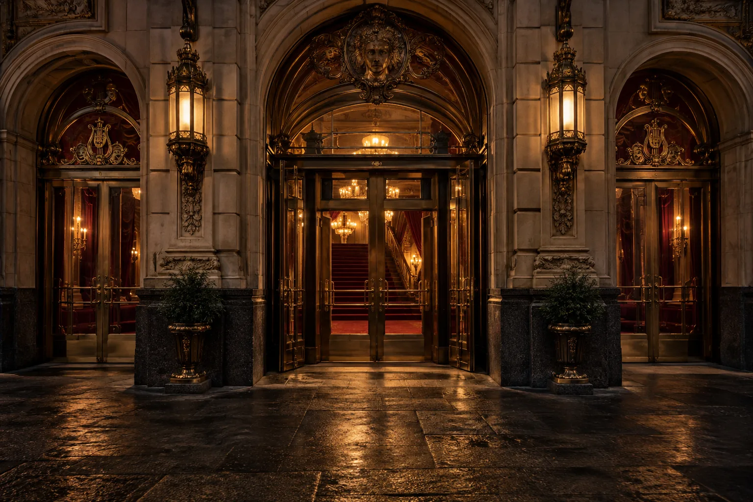 Stone and brass entrance of a historic theatre, lit from within at dusk