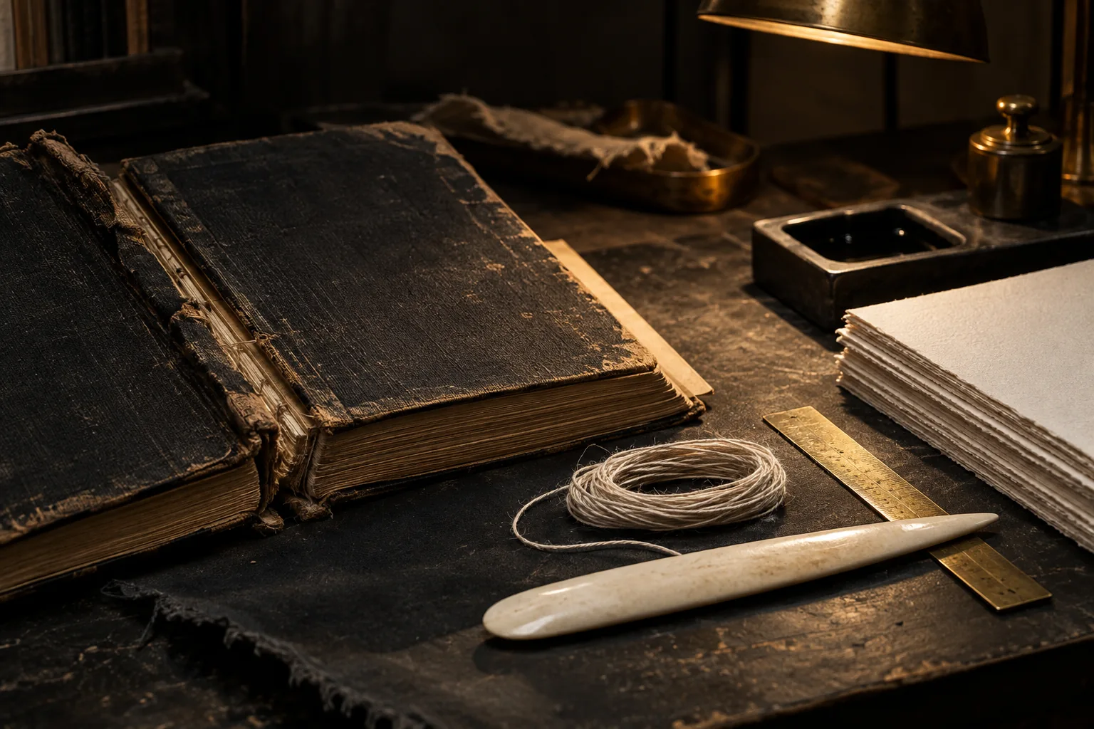 Frayed black bound book beside cotton paper, linen thread and restoration tools