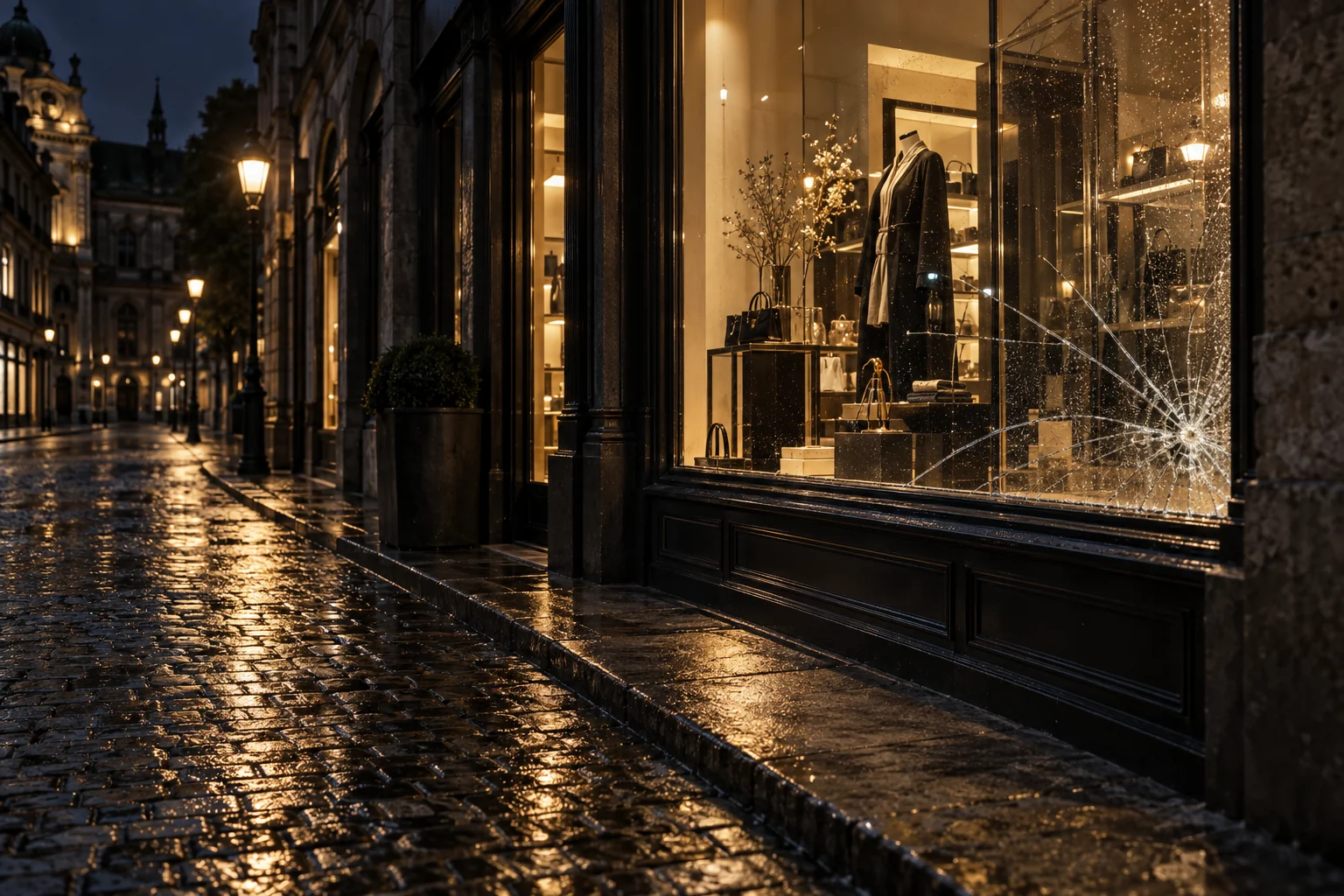 Cracked boutique shopfront window beside rain-dark stone paving under warm street lamps