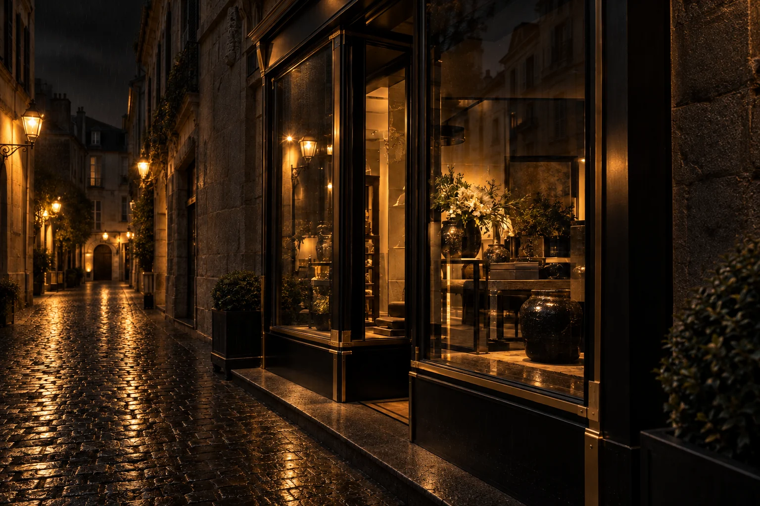 Intact boutique glazing and dark metal frames along a rain-dark stone shopping street at night