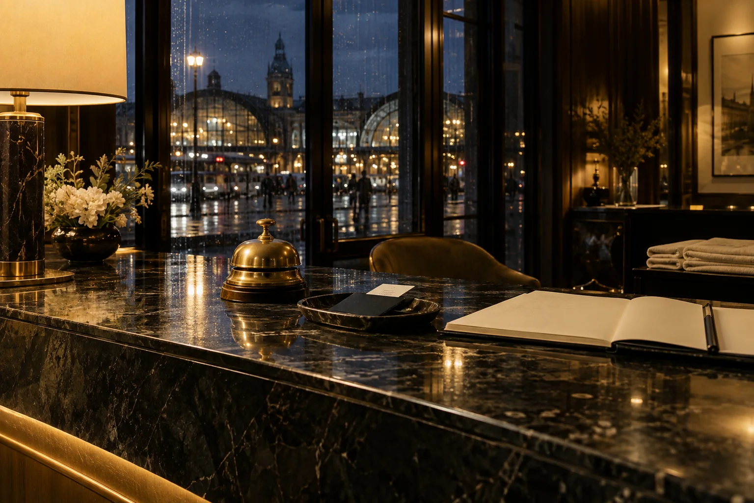 A detailed dark-stone hotel reception desk with a brass bell and the railway station visible through rain-speckled windows