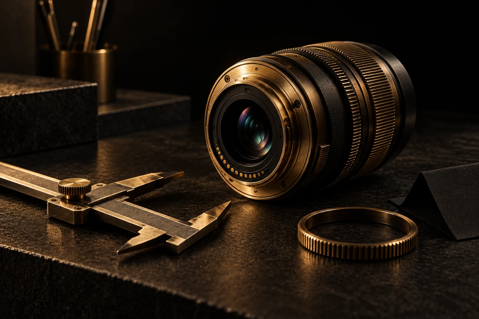 A machined brass and graphite camera lens beside a metal caliper and filter ring on a dark stone inspection bench
