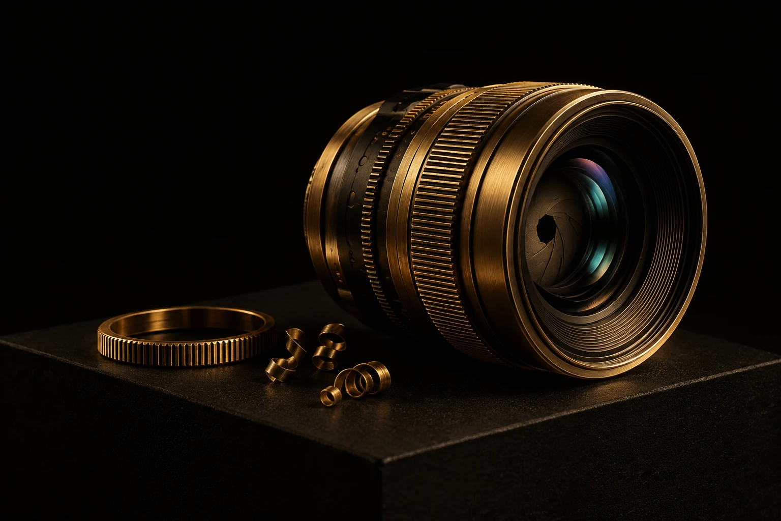A precisely machined gold and graphite camera lens on a black stone plinth