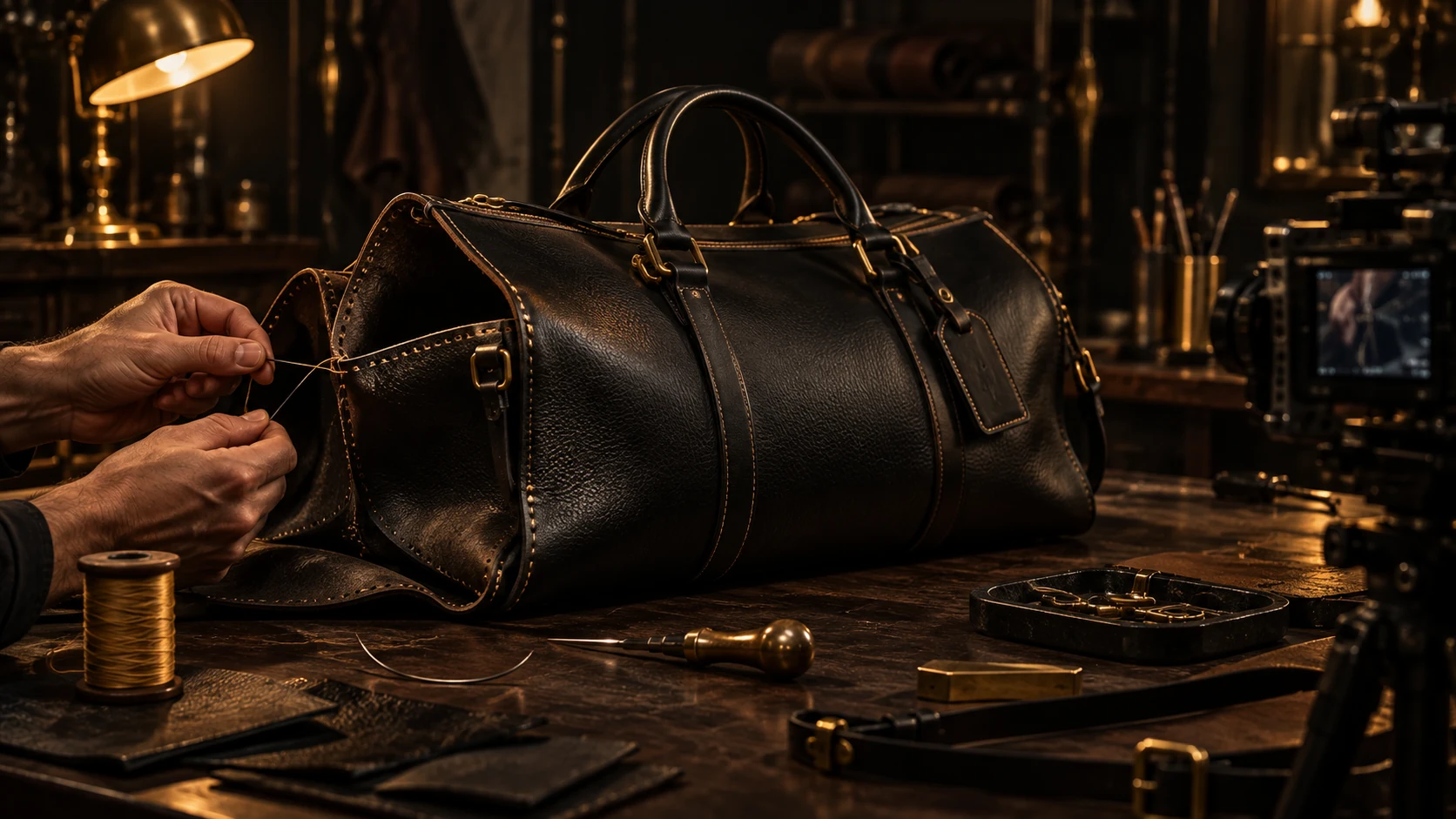 A craftsperson stitches a black leather travel bag at a warmly lit atelier table while a camera records the work