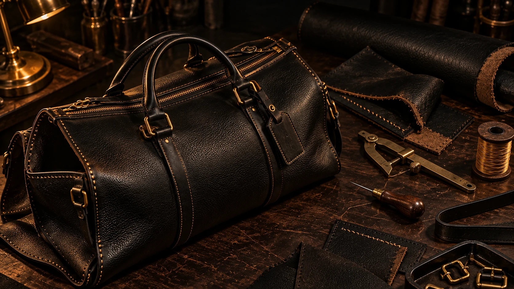 A finished black leather travel bag with visible stitching, leather samples and brass tools on an atelier table