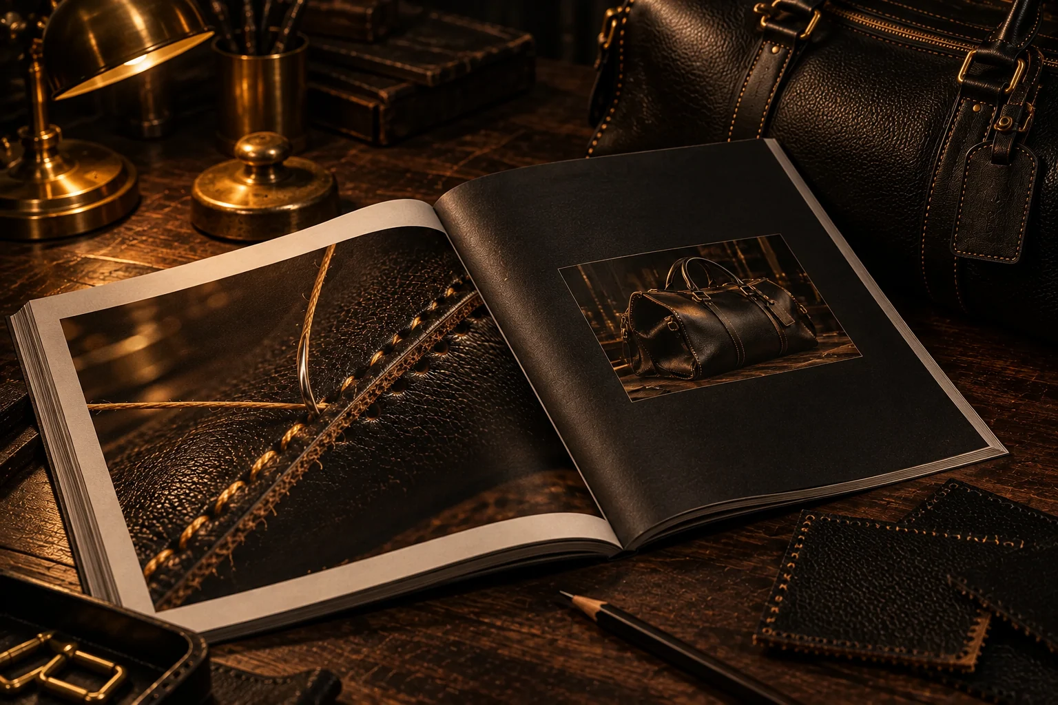 An open editorial proof with close leather stitching and a finished black travel bag photograph beside leather swatches and brass tools