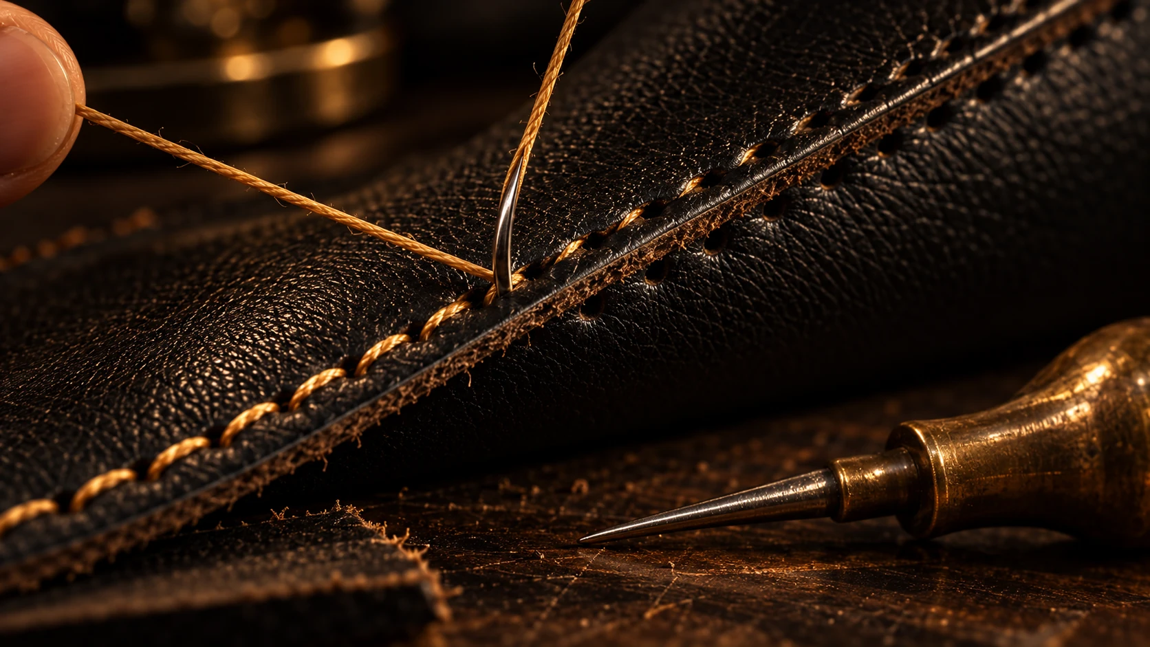 A close view of gold thread being drawn through a black leather seam beside a brass awl
